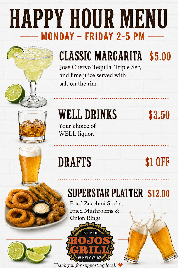 Happy hour menu — margaritas and appetizers